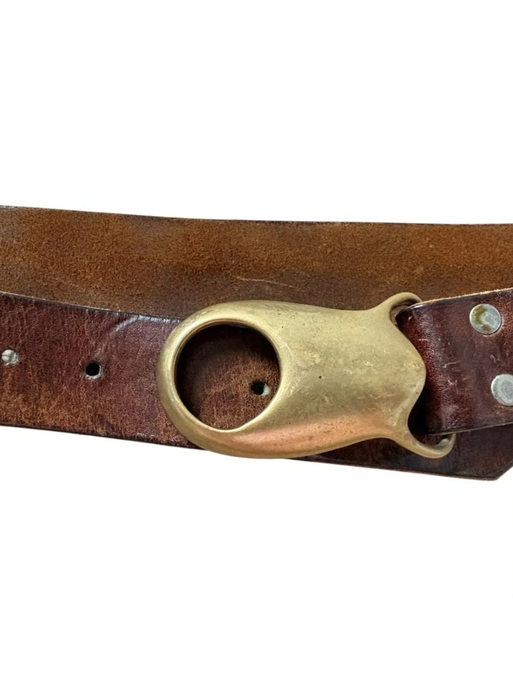 Vintage Brown Leather Belt Brass Ring Buckle Size 30 Minimalist Classic